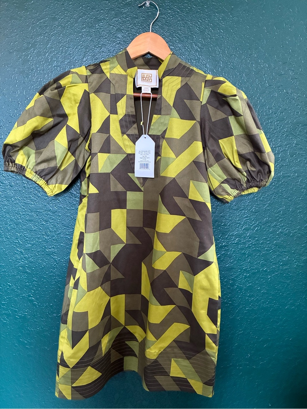 Geometric Olive Green Puff-Sleeve Mini Dress Emily McCarthy XXS NWT